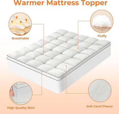 Ultra Soft Coral Fleece Full Size Mattress Topper, No Compression Plush Thick Pillow Top Mattress Pad with Deep Pocket, Winter Warm Cozy Bed Topper Cover for Back Pain Relief