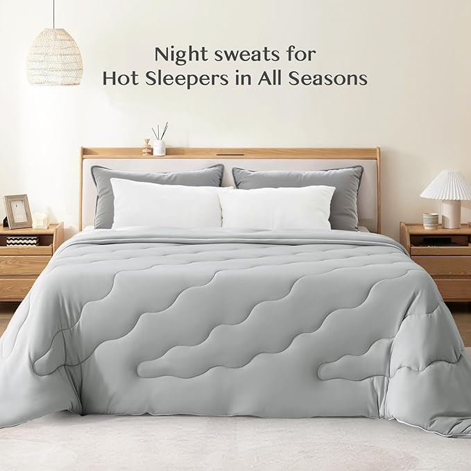 EASELAND All Season Cooling Comforter Queen, Cold Touch Fabric Absorbs Body Heat, 300GSM Super Soft, Cooling Blanket for Night Sweats Hot Sleeper (Gray-All Season, Queen(90"x90"))