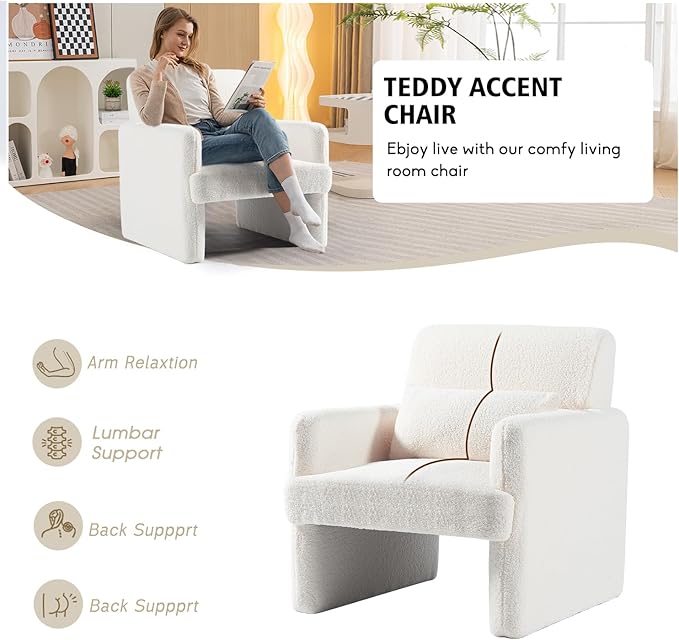 Gaussen Sherpa Oversized Accent Chair for Bedroom, Modern Living Room With Pillow, Fluffy Sofa, Upholstered Arm Chair, Comfy for Office/Home (Winter)