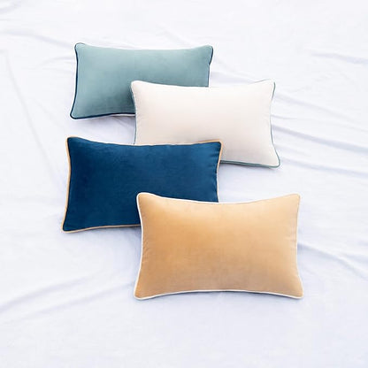 MONDAY MOOSE Decorative Throw Pillow Covers Cushion Cases, Set of 4 Soft Velvet Modern Double-Sided Designs, Mix and Match for Home Decor, Pillow Inserts Not Included (12x20 inch, Blue/Beige)