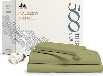 Mayfair Linen 500 Thread Count 100% Cotton Sheets King Size Bed Set - 4 PC King Bed Sheet Set Cotton (Sage Green), Soft, Cooling, Sateen 16" Deep Pocket Bedsheet for Hot Sleepers (Fits 18" Mattress)
