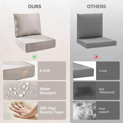 Luxury 6" Outdoor Cushions for Patio Furniture, 24x24x6" Thick Seat Cushion Set of 7, Fade Resistant Couch Chair Replacement Cushions High Density Deep Wicker Chair Cushion w/ Removable Cover, Beige