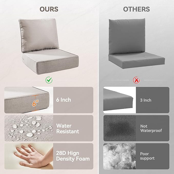 Luxury 6" Outdoor Cushions for Patio Furniture, 24x24x6" Thick Seat Cushion Set, Fade Resistant Couch Chair Replacement Cushions High Density Deep Wicker Chair Cushion with Removable Cover, Beige