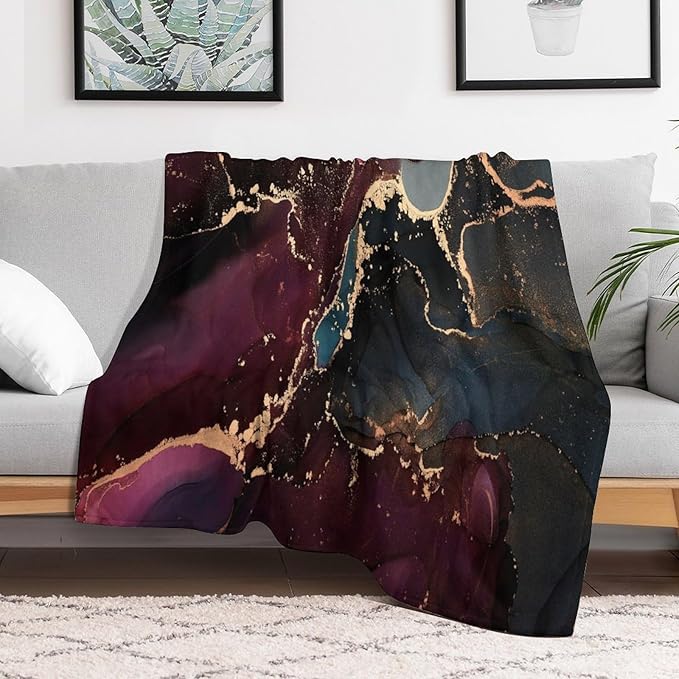 Modern Marble Blanket, Abstract Luxury Baroque Golden Purple Blue Stone Veins Pattern Soft Warm Cozy Plush Flannel Covers for Livingroom Bedroom Couch Chair Camping Travel Home Decor Tapestry 60x80in