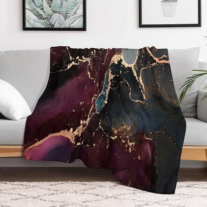 Modern Marble Blanket, Abstract Luxury Baroque Golden Purple Blue Stone Veins Pattern Soft Warm Cozy Plush Flannel Covers for Livingroom Bedroom Couch Chair Camping Travel Home Decor Tapestry 60x80in