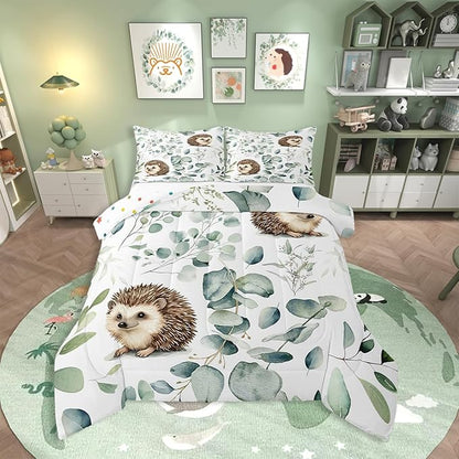 Erosebridal Cute Hedgehog Queen Size Comforter Set for Kids Child Green Eucalyptus Bedding Set, Woodland Animal Down Comforter Botanical Plant Leaves Bed Set, Cartoon Wildlife Quilted Duvet