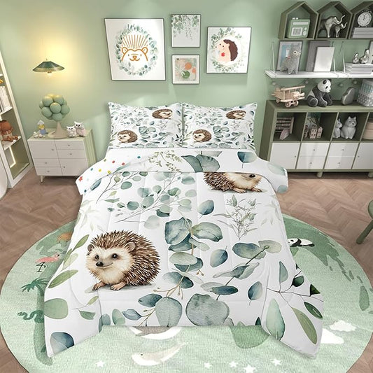 Erosebridal Cute Hedgehog Toddler Comforter Set for Kids Child Green Eucalyptus Bedding Set, Woodland Animal Bedding Comforter Sets Plant Leaves Duvet Set, Cartoon Wildlife Quilted Comforter
