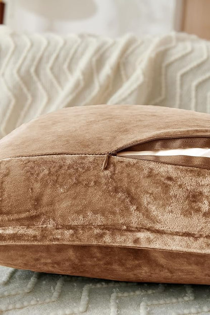 Luxurious Velvet Throw Pillow Covers 20x20 Set of 2 Decorative Pillow Covers Solid Square Cushion Case for Sofa Couch Bedroom Farmhouse, Caramel