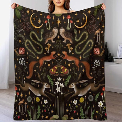 Rustic Forest Throw Blanket, Fairy Tale Forest Land Wild Animals Moths Flowers Moon Star Soft Flannal Blanket for Adult Kids Bed Couch Sofa, 30"x40"