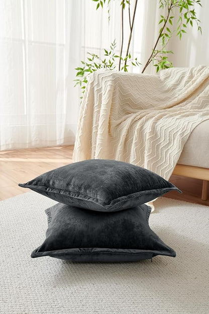 Luxurious Velvet Euro Shams Decorative Throw Pillow Covers 26x26 Set of 2 Solid Square Euro Pillow Shams for Sofa Couch Bedroom, Black