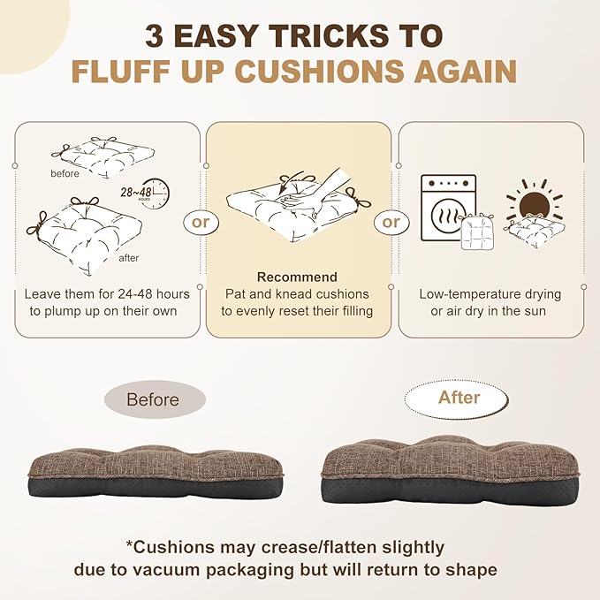downluxe Indoor Chair Cushions for Dining Chairs, Tufted Overstuffed Textured Foam Kitchen Chair Pads with Ties and Non-Slip Backing, 15.5" x 15.5" x 4", Brown, 4 Pack