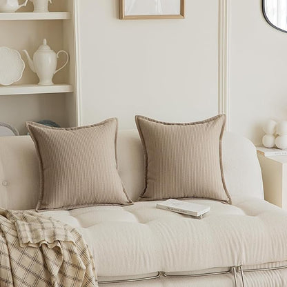 Set of 2 Herringbone Embossed Stripe Flange Throw Pillow Covers for Couch and Bed - 18"x18", Khaki-Green