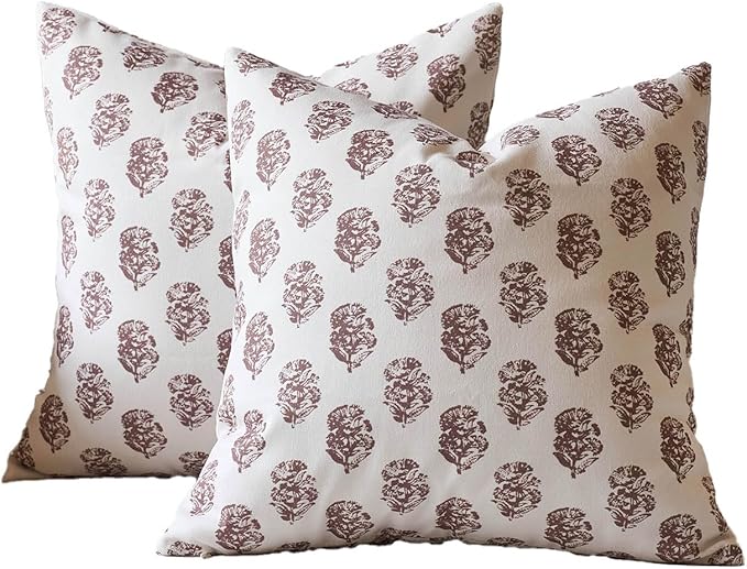 DOMVITUS Set of 2 Floral Pillow Covers 20x20, Block Print Pillow Covers Vintage Neutral Decorative Farmhouse Throw Pillow Covers for Couch Bed Living Room Brown