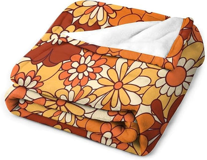Vintage 70s Throw Blanket, Boho Hippie Bright Orange Flowers Groovy Abstract Funny Art Print Blanket for Couch Sofa Bed 60"x80"
