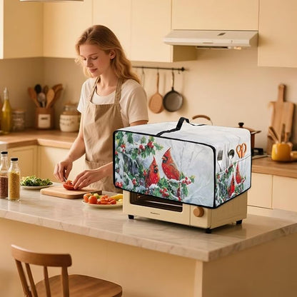 Christmas Microwave Oven Cover Air Fryer Toaster Oven Dust Cover with Accessory Pockets, Stain-resistant Small Electric Appliance Protector for Kitchen, S, Red Cardinal Bird Holly White