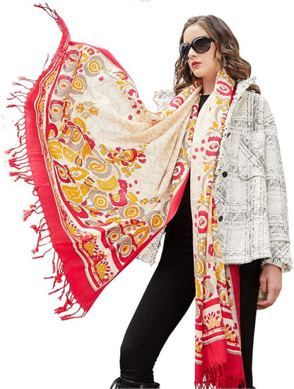 DANA XU 100% Merino Wool Pashmina Shawl for Women 96"x43", Oversized Cashmere Wrap with Tassels, Floral Travel Blanket Cape