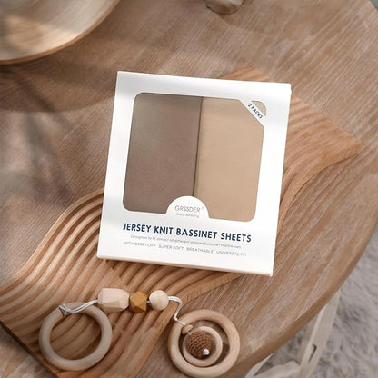 GRSSDER Stretchy Ultra Soft Fitted Bassinet Sheet 2 Pack, Universal Fit for Bassinets Baby Cradle Moses Basket Oval Rectangle Mattress Safe and Snug, Jersey Bassinet Sheets for Baby, Tan & Brown