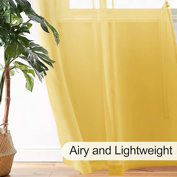 XWZO Sheer Curtains 84 Inches Length 2 Panels Set with Tiebacks, Grommet Top Semi Transparent Voile Lightweight Window Curtains for Bedroom, Living Room, Kids Room, W52 x L84, Yellow, Set of 2