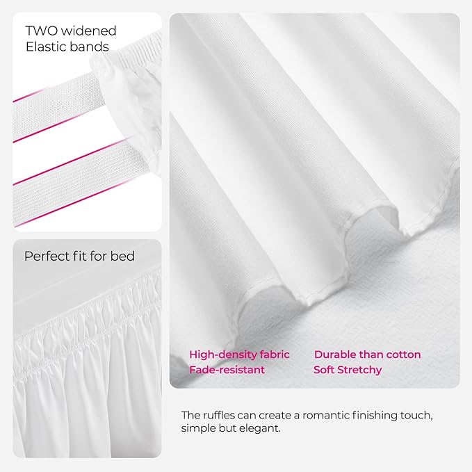 RIMELA Dorm Bed Skirt Twin XL 22 Inch Drop, Extra Long Wrap Around Elastic Bed Skirts Easy to Put On Twin Size Dust Ruffle, White Bedskirt for Adjustable Bed Base Solid Silky Fabric Machine Washable