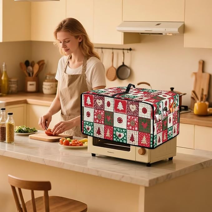 Christmas Holiday Decor Toaster Oven Cover Countertop Convection Oven Cover Smart Microwave Oven Accessories and Decor, L, 18.5 x 22.5 x 13 Inches, Christmas Patchwork Print Red Green