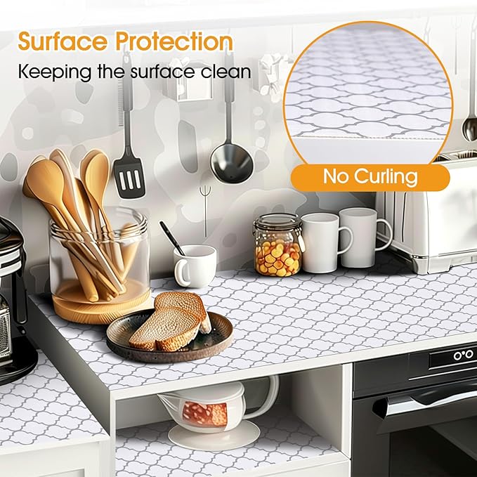 Shelf and Drawer Liner for Kitchen Cabinets Non-Adhesive, Strong Grip Non-Slip Thickened Cabinet Liners for Shelves, Waterproof Mats for Dresser Cupboard, White/Gray, 12 in x 10 Feet
