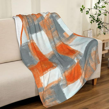 LOKMU Throw Blanket, Orange and Grey White Abstract Art Ultra-Soft Cozy Flannel Blankets, Fuzzy Plush Lightweight Modern Blanket for Couch Sofa Bedding Home Decor, 80" L x 60" W