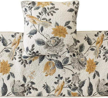 The HomeCentric King/Queen/Twin Blue & Ivory Designer King 90"x18" Bed Runner Without Pillow Cover, Bird, Pearl & Quilted Bed Scarf on Linen Fabric - Vintage Birdena
