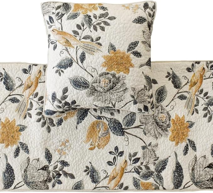 The HomeCentric King/Queen/Twin Blue & Ivory Decorative Full 68"x18" Bed Runner with Pillow Cover, Bird, Pearl & Quilted Bed Scarf on Linen Fabric - Vintage Birdena