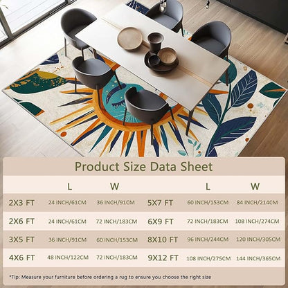 6x9 Sun and Moon Area Rug Leaf Orange Yellow Blue Beige Rug Non Slip Low Pile Large Carpet for Home Kitchen Living Room Bedroom Dining Room Office