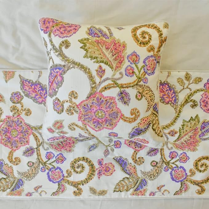 The HomeCentric King/Queen/Twin White & Pink Designer Twin 53"x18" Bed Runner Without Pillow Cover, Floral, Printed, Sequins, Beaded, Embroidery & Handmade Bed Scarf on Cotton Fabric - Aster