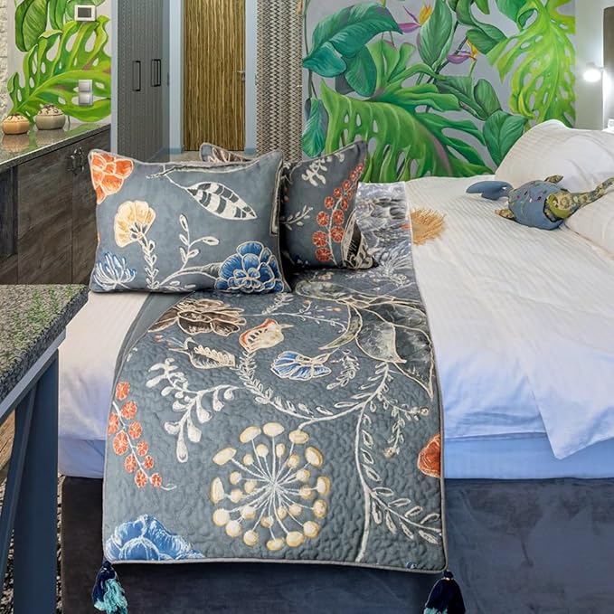 The HomeCentric Blue Bed Runner, Queen Size 74"x18" Decorative Bed Runner with 2 Matching Pillow Cover, Blue Linen Bed Scarf in Quilted Peacock, Linen & Jute Embroidery - Peacock Willow