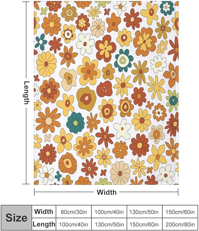 Vintage Hippie Floral Blanket, 70s Boho Abstract Yellow Orange Flowers Funny Print Throw Blanket for Holiday Theme Home Decor Bedding Couch 50"x60"