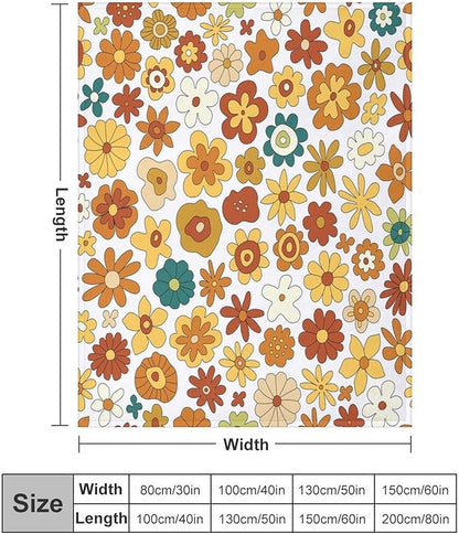 Vintage Hippie Floral Blanket, 70s Boho Abstract Yellow Orange Flowers Funny Print Throw Blanket for Holiday Theme Home Decor Bedding Couch 50"x60"