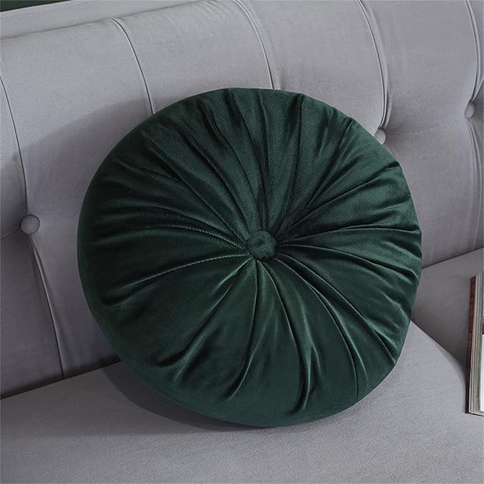 Round Throw Pillow Velvet Pumpkin Pleated Meditation Pillow Solid Color Home Decorative Throw Pillow Floor Cushion for Sofa Chair Living Room Decoration (Dark Green)