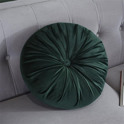 Round Throw Pillow Velvet Pumpkin Pleated Meditation Pillow Solid Color Home Decorative Throw Pillow Floor Cushion for Sofa Chair Living Room Decoration (Dark Green)