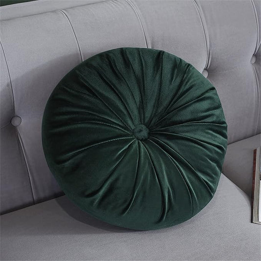 Round Throw Pillow Velvet Pumpkin Pleated Meditation Pillow Solid Color Home Decorative Throw Pillow Floor Cushion for Sofa Chair Living Room Decoration (Dark Green)