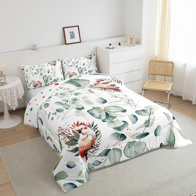 Erosebridal Cartoon Animal Queen Comforter Set for Kids Toddler Kawaii Parrot Bedding Set Queen, Wild Bird Bedding Comforter Sets Cute Wildlife Duvet Set, Botanical Green Eucalyptus Quilted Comforter