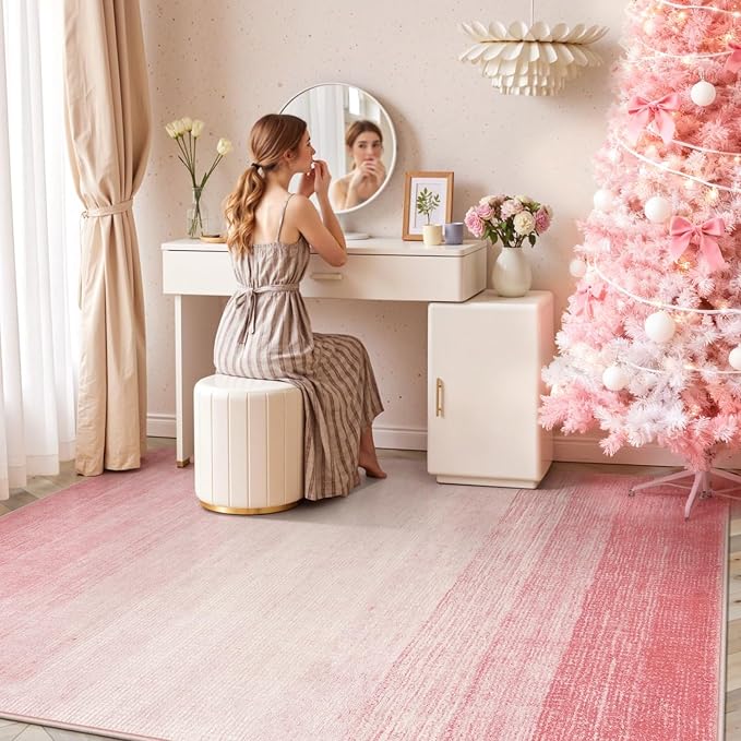 Wonnitar Modern Ombre Pink 8x10 Rugs for Bedroom, Washable Soft Living Room Area Rug, Non-Slip Thin Cute Nursery Large Accent Mat, Contemporary Floor Carpet for Playroom Closet (Pink, 8'x10')