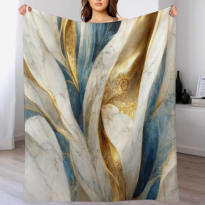 Abstract Marble Blanket, Modern Luxury Baroque Golden Blue White Stone Veins Pattern Soft Warm Cozy Plush Flannel Covers for Livingroom Bedroom Couch Chair Camping Travel Home Decor Tapestry 30x40in