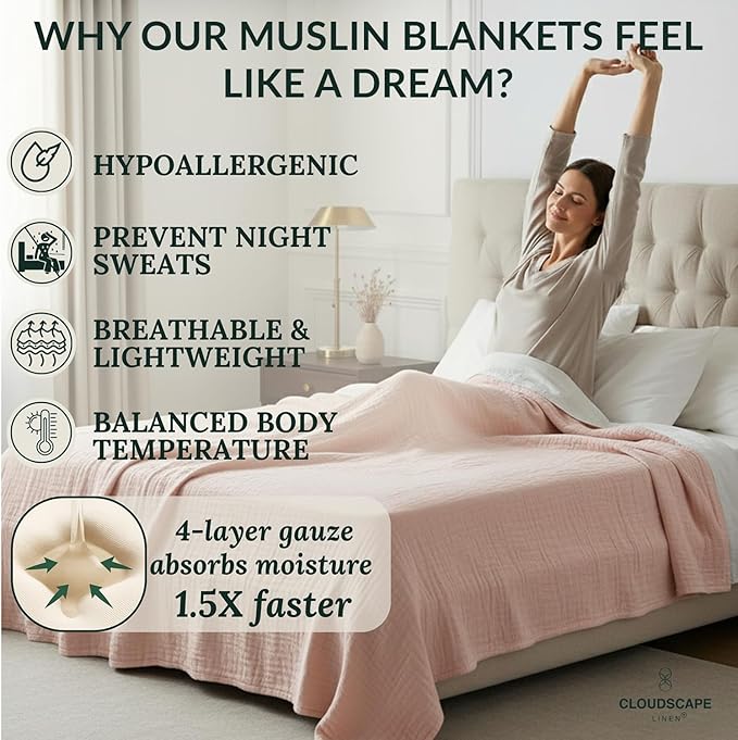 Cloud Scape Linen Oversized 4 Layer Muslin Blanket Queen Size - 100% Cotton, Lightweight & Breathable All Season Gauze, Pre-Washed, fits Full Bed, 92x92, Seashell Pink