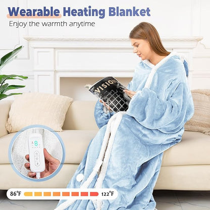 Wearable Heated Blanket with Foot Pocket, Electric Wearable Throw Blanket with Sleeves, Hood, Portable Heated Blanket with 8 Heat Settings, 1-10 Hours Auto Shut-off, Gift for Family, Friends, 50*70"