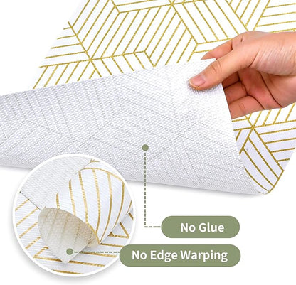 Shelf Liners for Kitchen Cabinets 17in x 40FT, Non Adhesive Cabinet Liner Strong Non-Slip Thickened Gold Geometric Drawer Liner, Easy to Clean for Shelf, Cabinet with Knife and Tape Measure