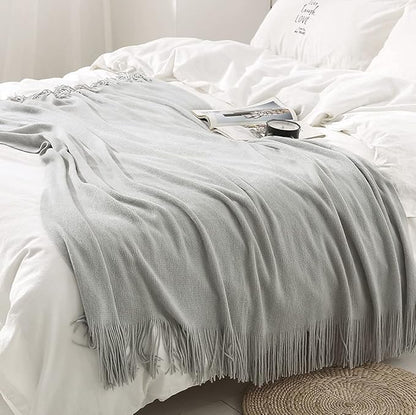 Homiest Decorative Knitted Throw Blanket with Fringe - Lightweight Acrylic Knit Blanket Soft & Cozy Tassel Blanket for Couch Sofa Bed - Light Grey, 60 x 80 Inch