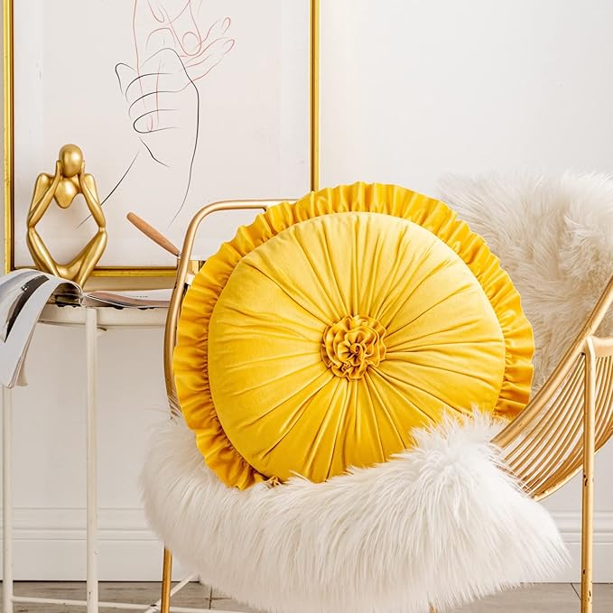 S SSOY Velvet Round Pillow - Ruffle Home Decoration, 13.7in