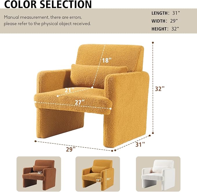 Gaussen Mid Century Modern Accent Chair - Sherpa Upholstered Armchair with Pillow, Oversized & Comfy for Living Room, Bedroom, Office, Cafe (Summer)
