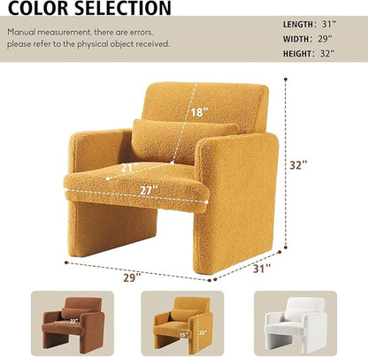 Gaussen Mid Century Modern Accent Chair - Sherpa Upholstered Armchair with Pillow, Oversized & Comfy for Living Room, Bedroom, Office, Cafe (Summer)