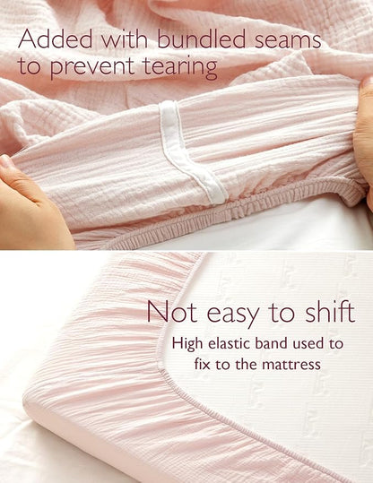 Momcozy Muslin Standard Fitted Crib Sheets, 52"x28", 2 Pack Soft Breathable Natural Cotton Baby Mattress Sheet, 360° Mattress Wrapping No Slip Boys Girls Neutral Toddler Bed Sheet, Beige Blush