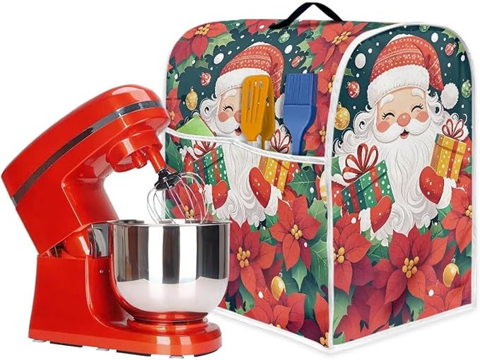 Santa Claus Stand Mixer Cover Dust Protective Poinsettia Stand Mixer Covers For Kitchen Aid 6-8 Quart Mixers Dustproof Cloth Cover for Small Appliance Protector Gift for Holiday