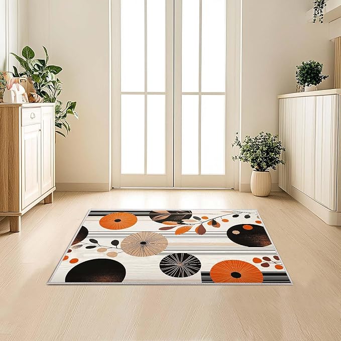 2x3 Entryway Area Rug Orange Black White Bathroom Rug Non Slip Machine Washable Low Pile Small Carpet Kitchen Bedroom Door Mat Entrance