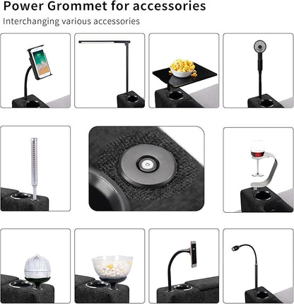 Multifunctional Sofa Armrest, Couch Armrest with Cup Holder, Removable Sofa Caddy with Storage,Equipped with LED Reading Light&Wireless Charge Stand, Black